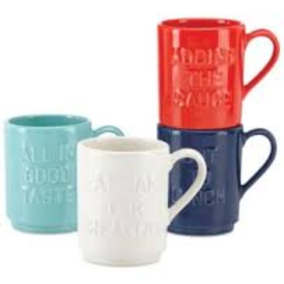 Kate Spade New York "All in Good Taste" Set of 4 Stoneware Stacking Mugs NEW - Picture 1 of 7